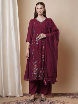 FASHOR - Floral Embroidered A-Line Kurta with Palazzo & Dupatta - Burgundy (Set of 3)