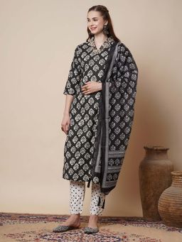 FASHOR - Ethnic Printed Embroidered Straight Fit Kurta with Pant & Dupatta - Black (Set of 3)
