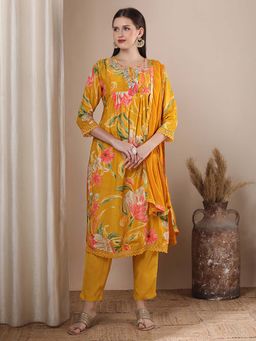 FASHOR - Abstract Floral Printed A-Line Pleated Kurta with Pant & Dupatta - Mustard (Set of 3)