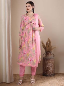 FASHOR - Pastel Floral Printed A-Line Pleated Kurta with Pant & Dupatta - Pink (Set of 3)