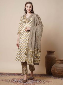 FASHOR - Ethnic Dabu Printed A-Line Flared Kurta with Pant & Dupatta - Cream (Set of 3)