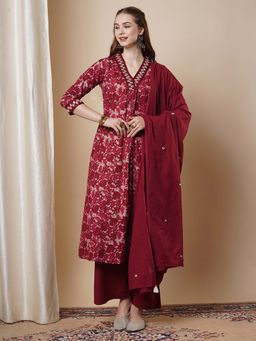 FASHOR - Mirror Embroidered A-Line Kurta with Palazzo & Dupatta - Maroon (Set of 3)