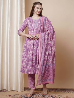 FASHOR - Ethnic Floral Printed A-Line Kurta with Pant & Dupatta - Purple (Set of 3)