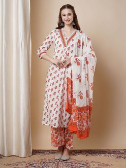 FASHOR - Ethnic Floral Printed A-Line Kurta with Palazzo & Dupatta - White (Set of 3)