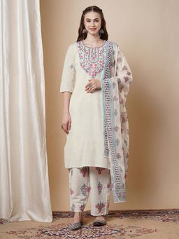 FASHOR - Ethnic Floral Straight Fit Kurta with Palazzo & Dupatta - Off White (Set of 3)