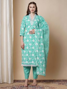 FASHOR - Ethnic Floral Printed A-Line Kurta with Pant & Dupatta - Mint Green (Set of 3)