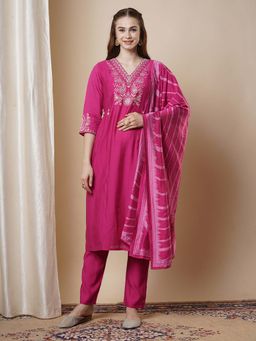 FASHOR - Ethnic Floral Threadwork Embroidered Kurta with Pant & Dupatta - Pink (Set of 3)