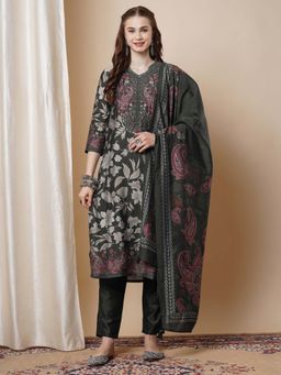 FASHOR - Ethnic Floral Printed Kurta with Pant & Dupatta - Moss Green (Set of 3)