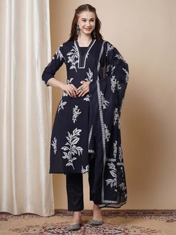 FASHOR - Abstract Floral Printed Straight Kurta with Pant & Dupatta - Navy Blue (Set of 3)