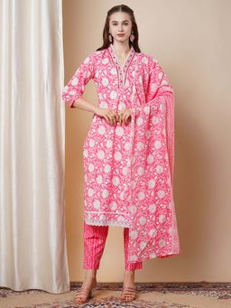 FASHOR - Floral Printed Straight Kurta with Pant & Dupatta - Pink (Set of 3)