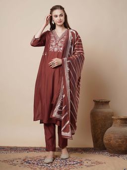 FASHOR - Ethnic Floral Threadwork Embroidered Kurta with Pant & Dupatta - Brown (Set of 3)