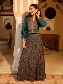 Juniper - The Rekha Chitra Teal Thread Embroidered Rayon Top with Printed Skirt (Set of 2)