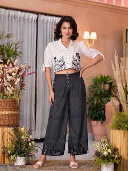 Juniper - Black Thread Embroidered Cotton Shirt Style Crop Top with Palazzo Co-Ord (Set of 2)