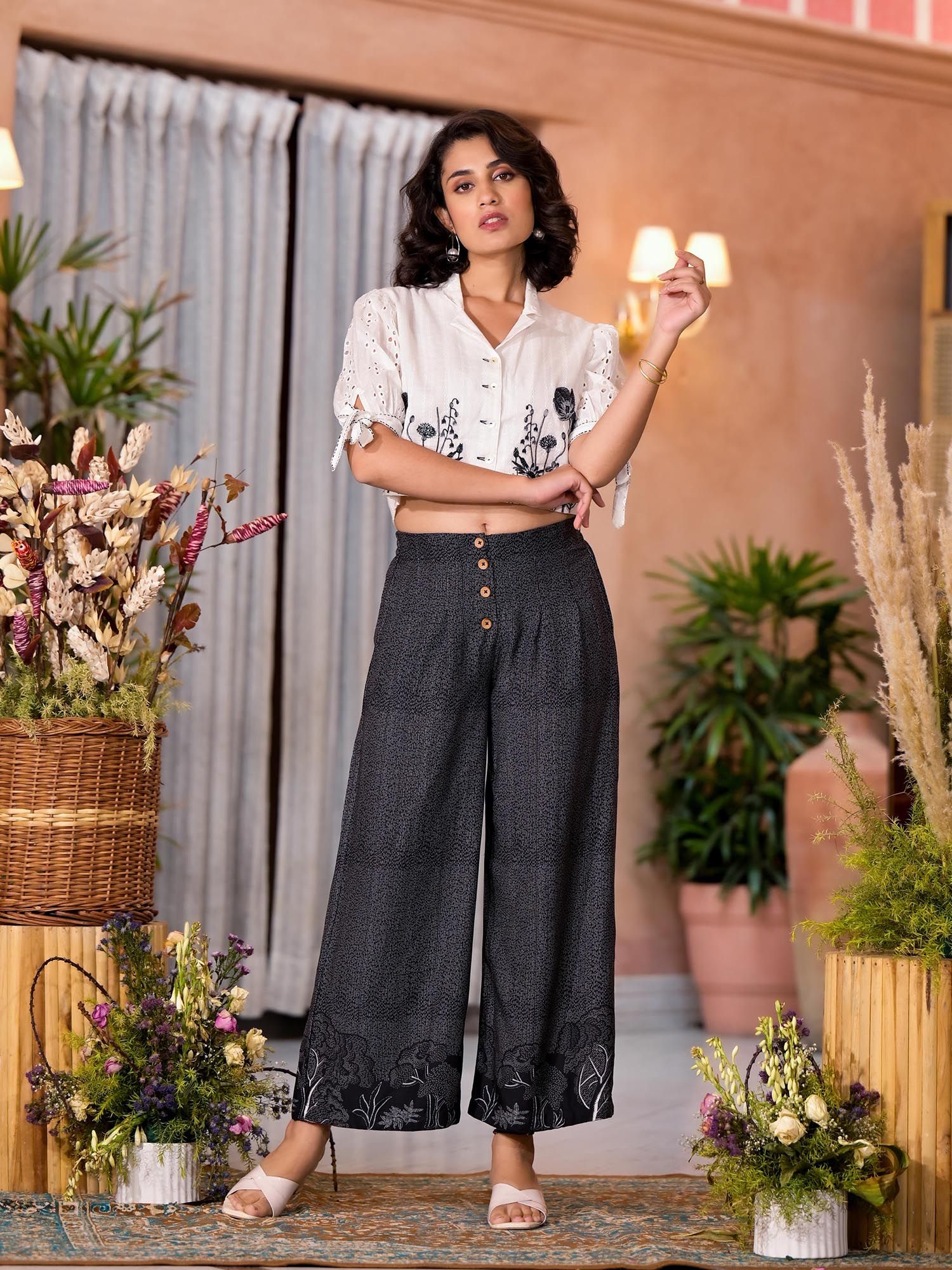 Buy Juniper Black Thread Embroidered Cotton Shirt Style Crop Top Buy Juniper Black Thread Embroidered Cotton Shirt Style Crop Top
