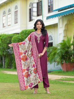 Juniper - Wine Solid Viscose Kurta with Pant and Dupatta (Set of 3)