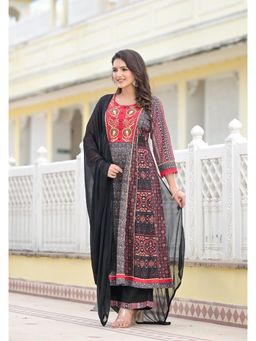Juniper - Black Ethnic Motif Printed Anarkali Kurta with Pant and Dupatta (Set of 3)