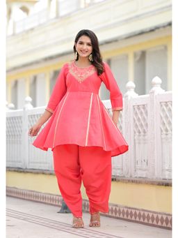 Juniper - Peach Solid Viscose Kurta with Dhoti (Set of 2)