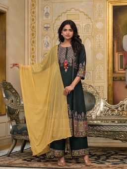 Juniper - Green Floral Embroided Rayon Kurta with Palazzo with Dupatta (Set of 3)