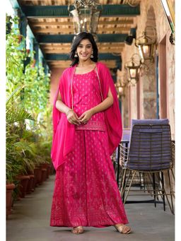 Juniper - Fuchsia Ethnic Motif Printed Georgette Top with Palazzo and Cape Co-Ord (Set of 3)