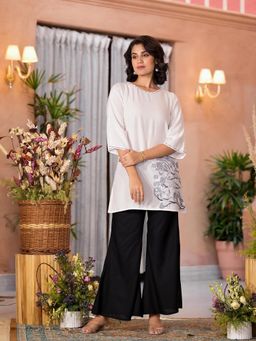 Juniper - White and Black Floral Printed Viscose Top with Palazzo Co-Ord (Set of 2)