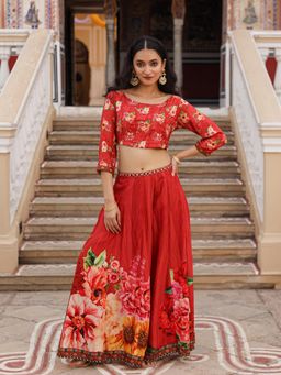 Juniper - The Adah Rust Floral Printed Viscose Top with Palazzo Co-Ord (Set of 2)