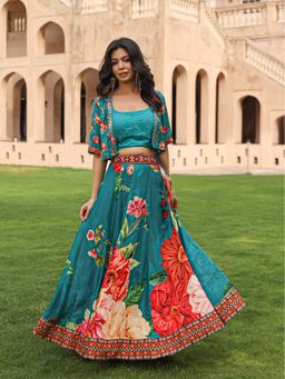 Juniper - Teal Floral Printed Viscose Choli with Lehenga and Jacket (Set of 3)