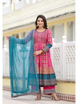 Juniper - Embroided Rayon Anarkali Kurta with Palazzo and Dupatta (Set of 3)
