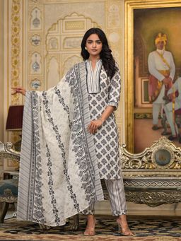 Juniper - White Floral Printed Cotton Kurta with Pant and Dupatta (Set of 3)