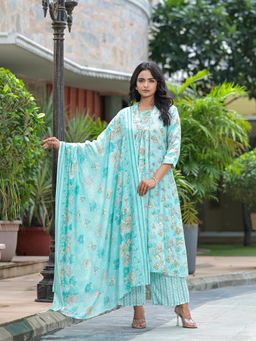 Juniper - Sea Green Floral Printed Cotton Anarkali Kurta with Palazzo and Dupatta (Set of 3)