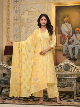 Juniper - Yellow Floral Printed Cotton Anarkali Kurta with Palazzo and Dupatta (Set of 3)