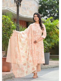 Juniper - Peach Floral Printed Cotton Kurta with Pant and Dupatta (Set of 3)