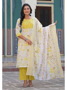 Juniper - Yellow Floral Printed Cotton Kurta with Pant and Dupatta (Set of 3)