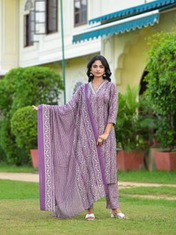 Juniper - Purple Floral Printed Cotton Kurta with Pant and Dupatta (Set of 3)