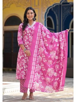 Juniper - Mauve Floral Printed Cotton Kurta with Pant and Dupatta (Set of 3)