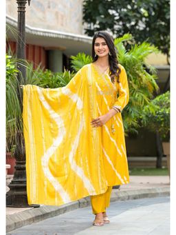 Juniper - Yellow Lehriya Printed Musline Kurta with Pant and Dupatta (Set of 3)