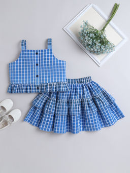AWW HUNNIE - Blue Shaded Check Button Cotton Top with Skirt (Set of 2)