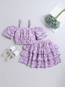 AWW HUNNIE - Purple Floral Print Crop Top with Skirt (Set of 2)