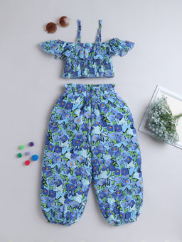AWW HUNNIE - Blue Floral Print Crop Top with Pant (Set of 2)