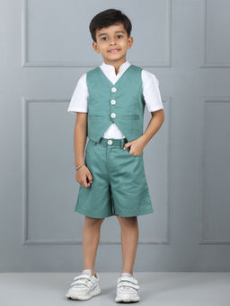 AWW HUNNIE - Green Cotton Half Sleeves Shirt with Vest & Shorts (Set of 3)