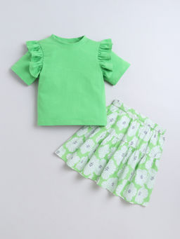 AWW HUNNIE - Green Cotton Jarsey Half Sleeves Solid Top with Skirt (Set of 2)