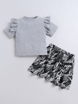AWW HUNNIE - Grey Cotton Jarsey Half Sleeves Solid Top with Skirt (Set of 2)