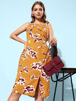 RARE - Women Casual Mustard Colour Midi Floral Dress