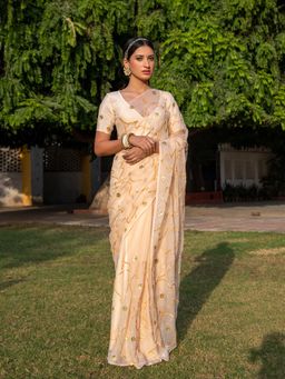 Geroo Luxe - Beige Handcrafted Gota Jaal Chiffon Saree