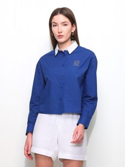 U.S. POLO ASSN. - Blue Boxy Fit Contrast Collar Cropped Shirt