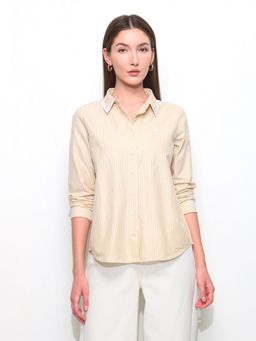 U.S. POLO ASSN. - Beige and White Striped Contrast Collar Shirt