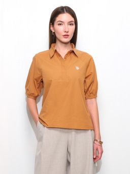 U.S. POLO ASSN. - Rust Solid Puff Sleeves Shirt Style Top