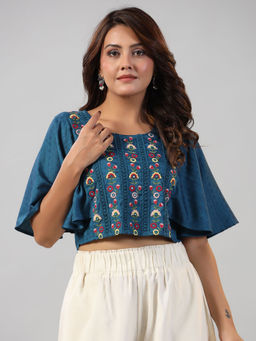 Juniper - Women Blue Rayon Embroidered Crop Top