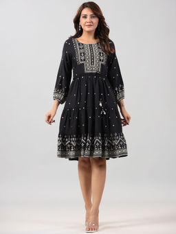 Juniper - Women Black Rayon Printed Short Tiered Dress