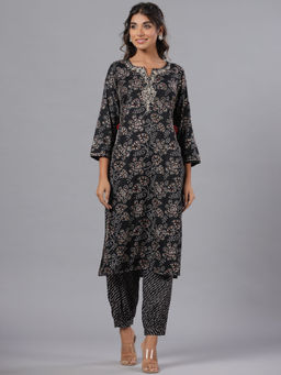 Juniper - Women Black Rayon Slub Printed With Embroidered Kurta And Pants Set