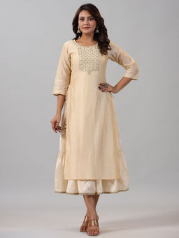 Juniper - Gold Chanderi Ethnic Motif Printed Layered Maxi Dress with Zari Embroidery